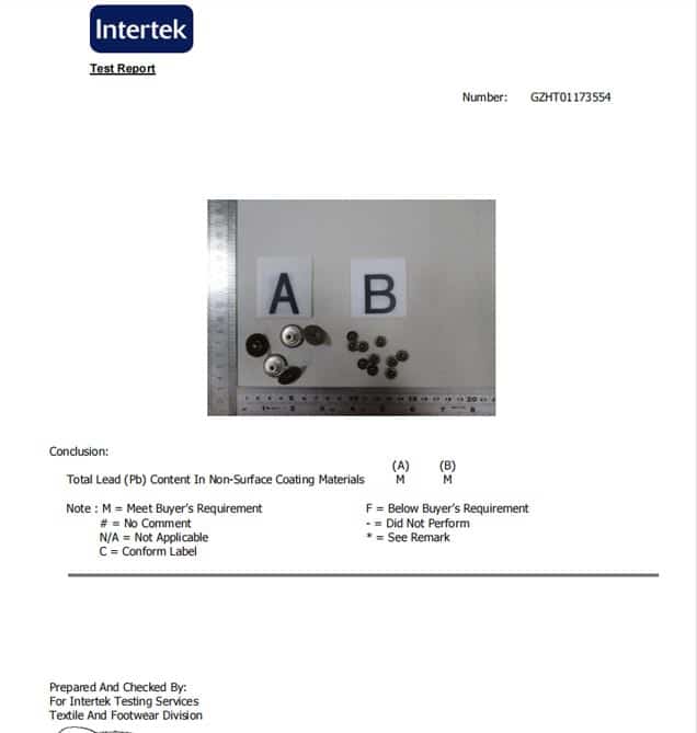 jeans buttons test report