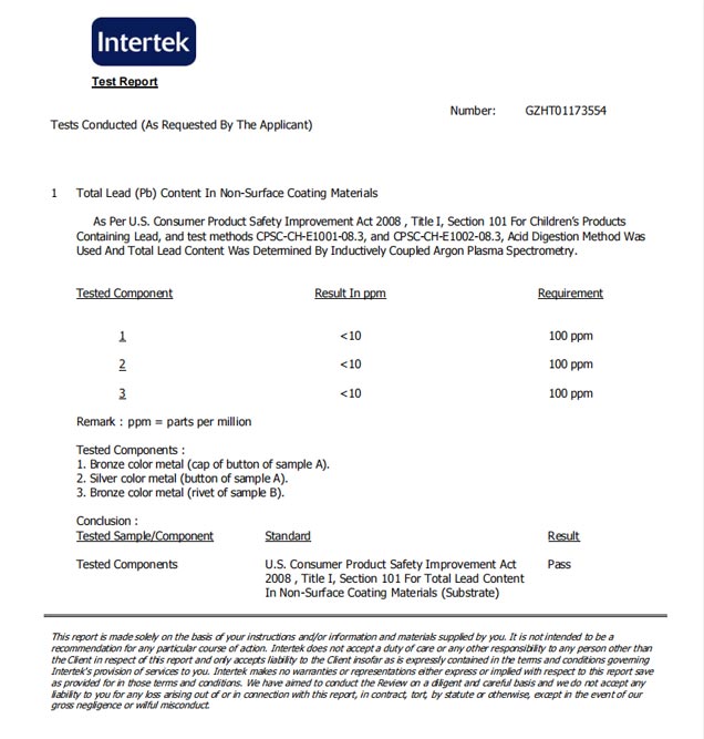 test report result for jeans buttons and rivets